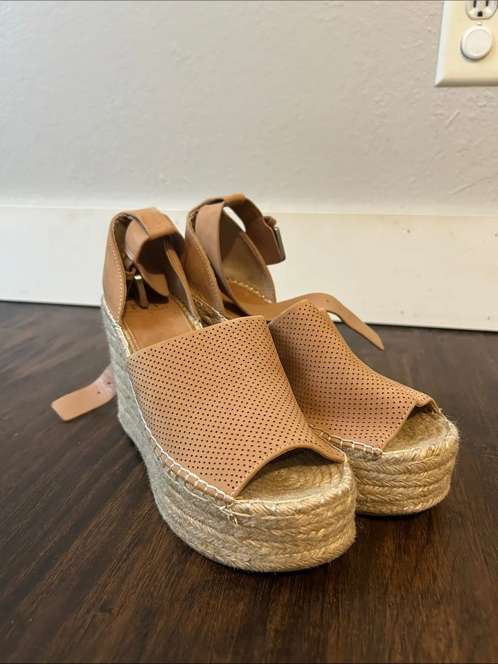 Marc Fisher Perforated Tan Wedge Espadrille Sandals
